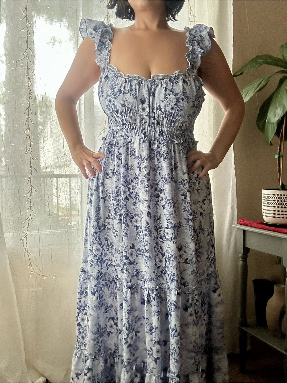 Max Studio Blue Floral Ruffled Strap Maxi Dress